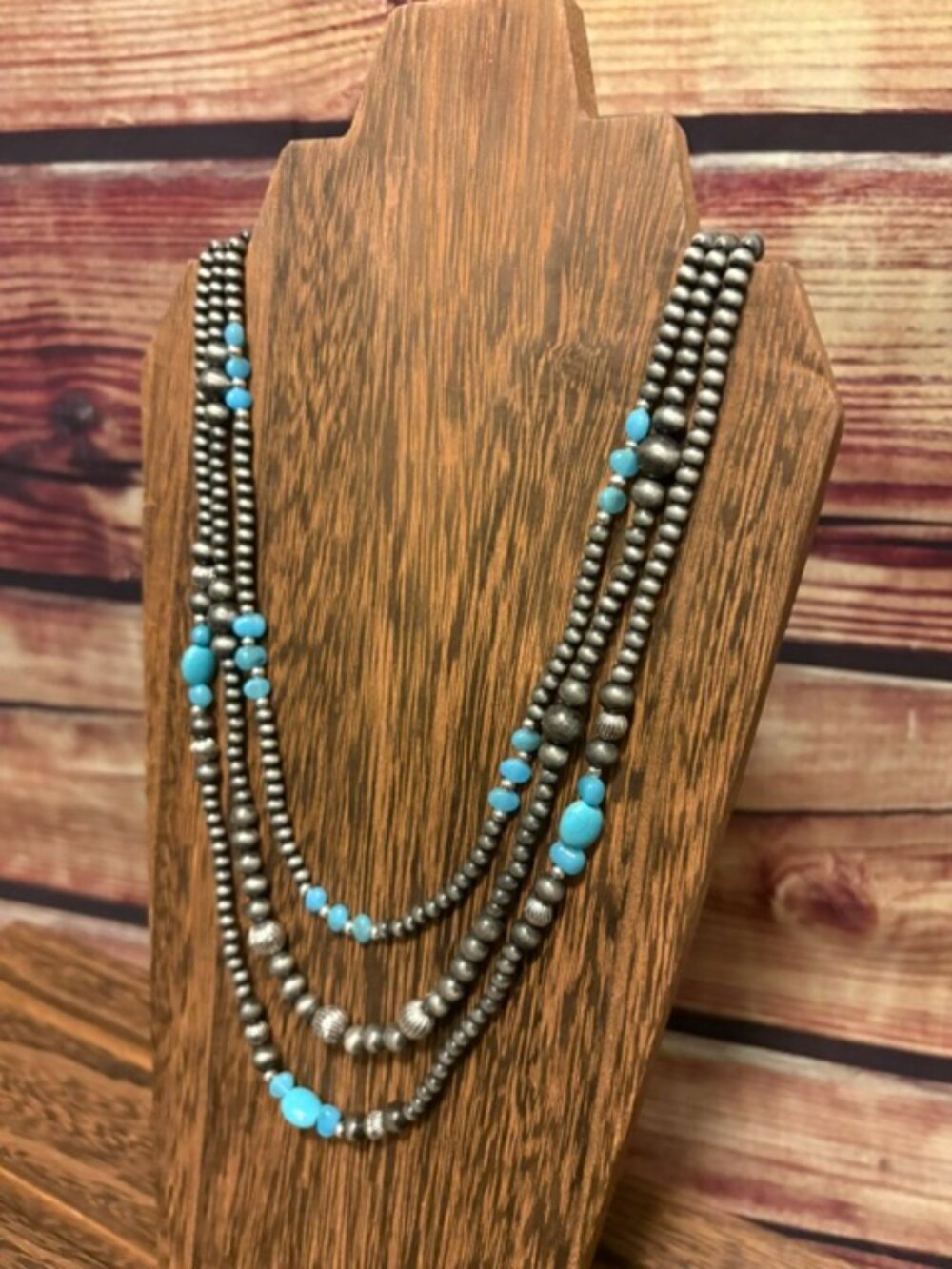 ICON Western Multi Strand Silver Tone & Turquoise Beaded Statement Necklace NWT